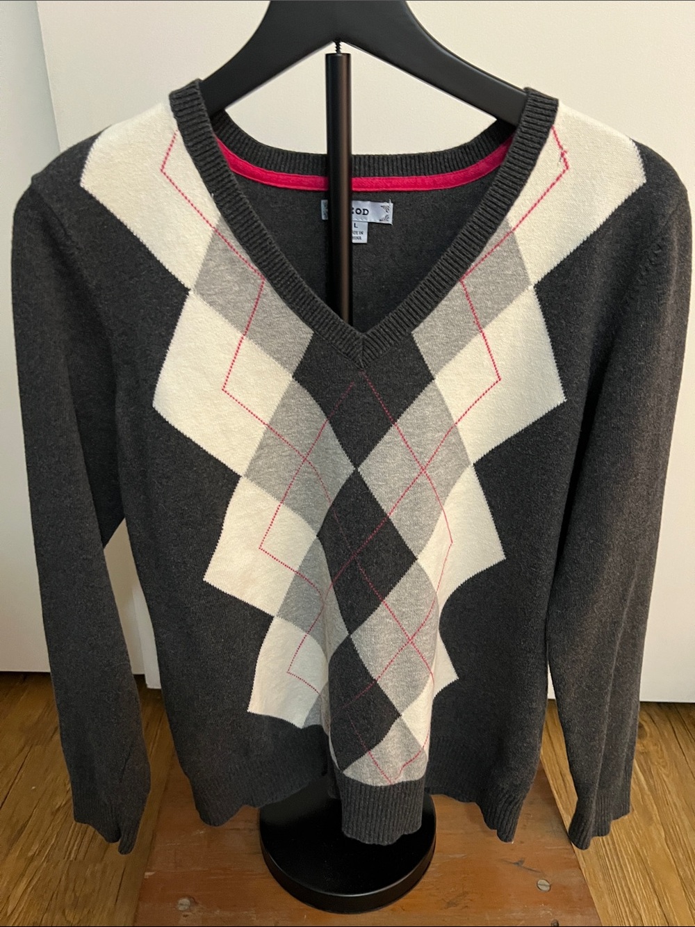 Women’s V-Neck Argyle Sweater - Charcoal/White with Pink Accents